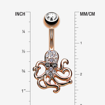 Detail View 1 of Rose Gold Evil Octopus Sparkle Belly Button Ring-Clear Gem